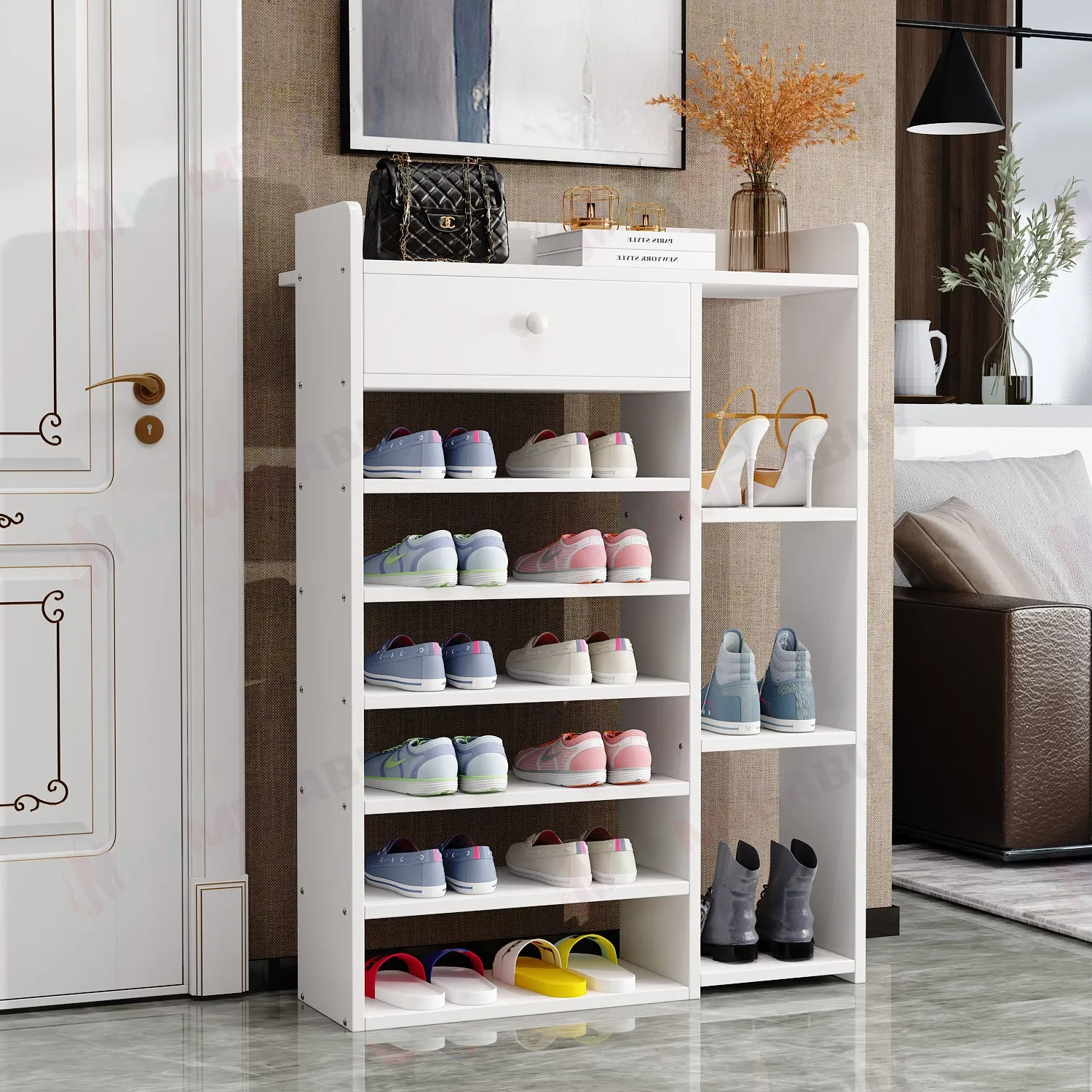 10 Tiers Wooden Shoe Rack Cabinet "White"