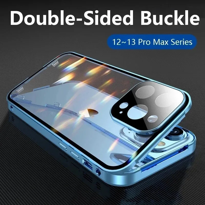 360°Full Protection Metal Magnetic Double Sided Glass Snap Lock Case For iPhone 16 Pro Max 15 14 13 12 Pro Max Plus Bumper Cover