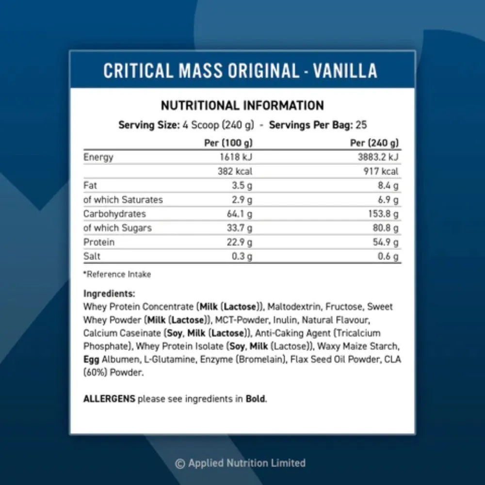 Applied Critical Mass Original Weight Gainer (per 60g scoop: 13.7g protein, 2.1g fat 229 cal) HALAL