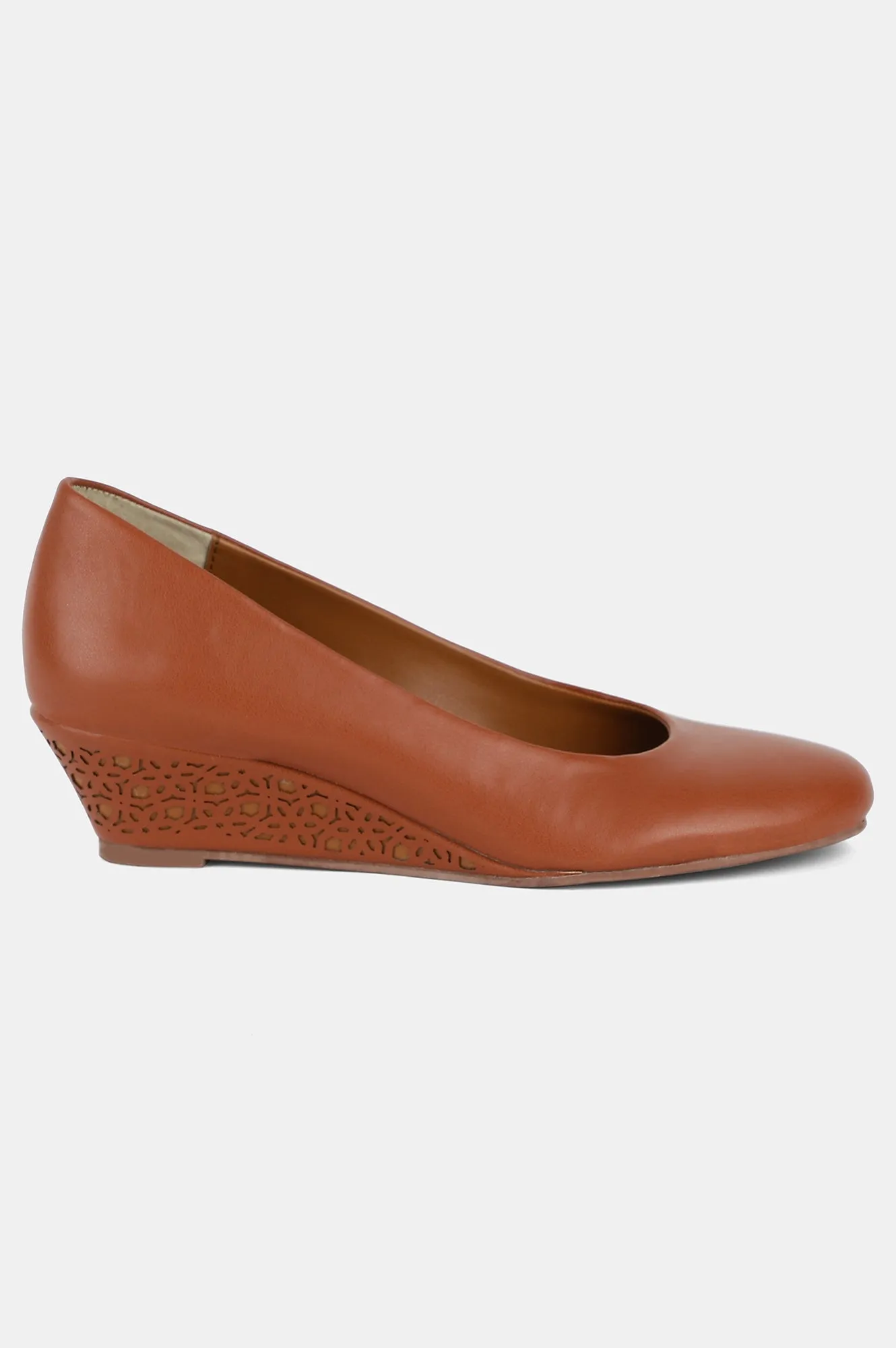 Aurelia Tan Round Toe Laser Cut Wedge - ZCory