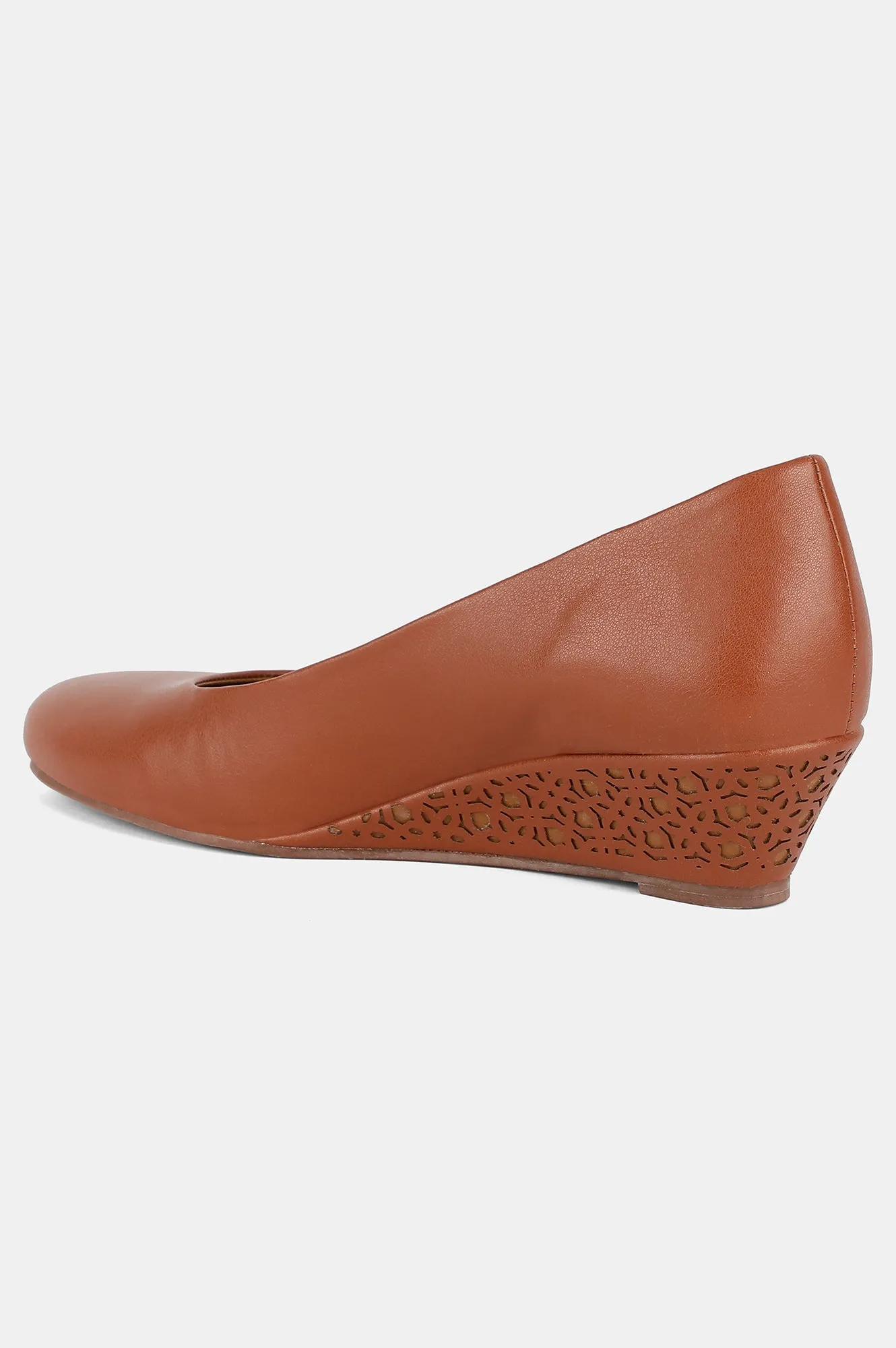 Aurelia Tan Round Toe Laser Cut Wedge - ZCory
