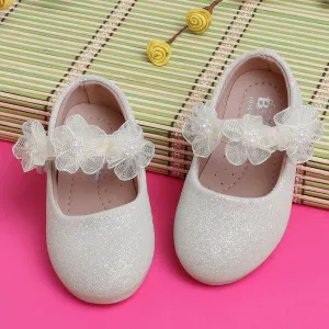 Baby Moo Mary Jane Glittery Floral Applique On Velcro Strap Anti-Skid Ballerina Shoes - Gold