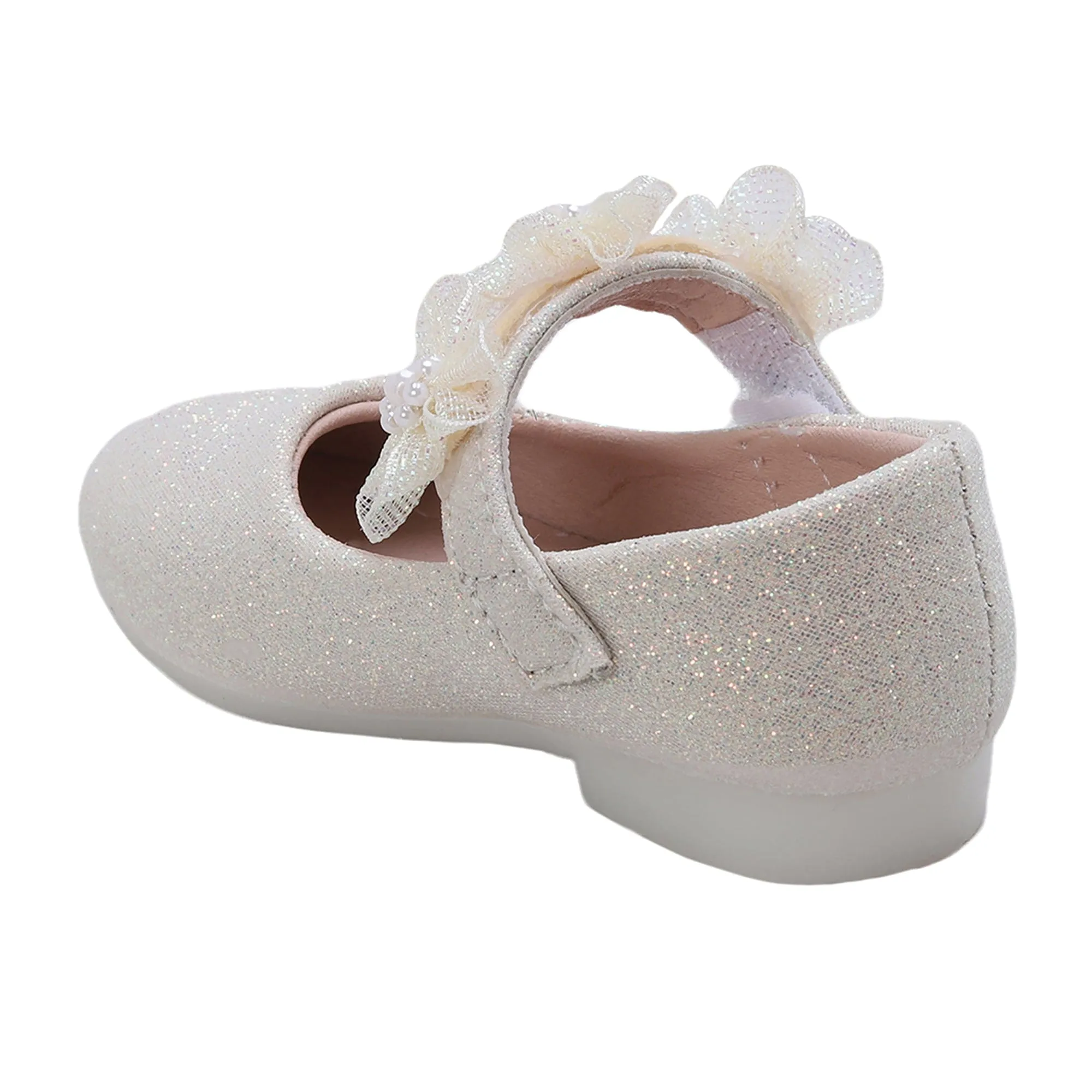 Baby Moo Mary Jane Glittery Floral Applique On Velcro Strap Anti-Skid Ballerina Shoes - Gold
