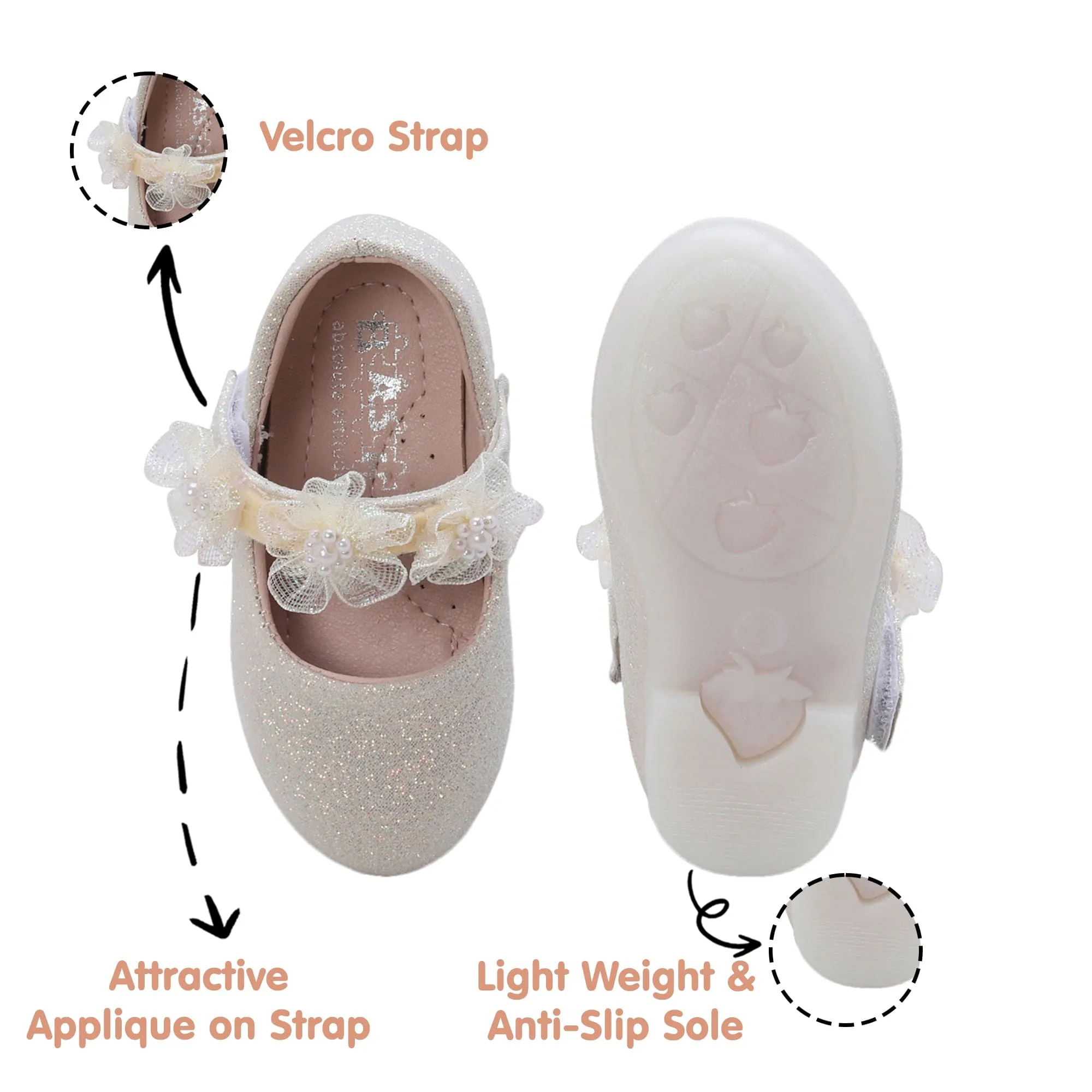Baby Moo Mary Jane Glittery Floral Applique On Velcro Strap Anti-Skid Ballerina Shoes - Gold