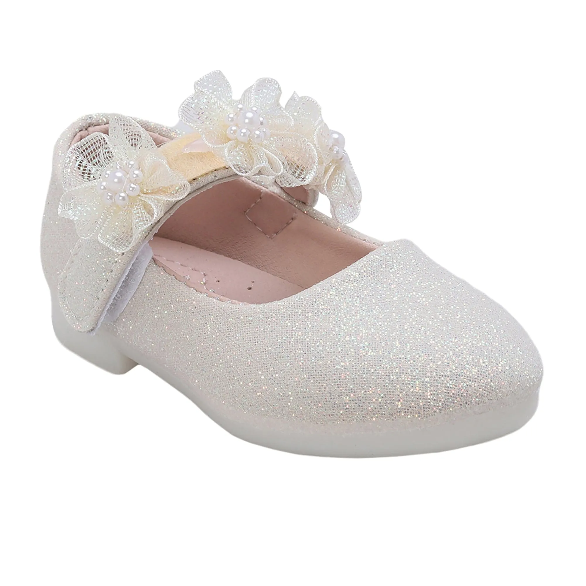 Baby Moo Mary Jane Glittery Floral Applique On Velcro Strap Anti-Skid Ballerina Shoes - Gold