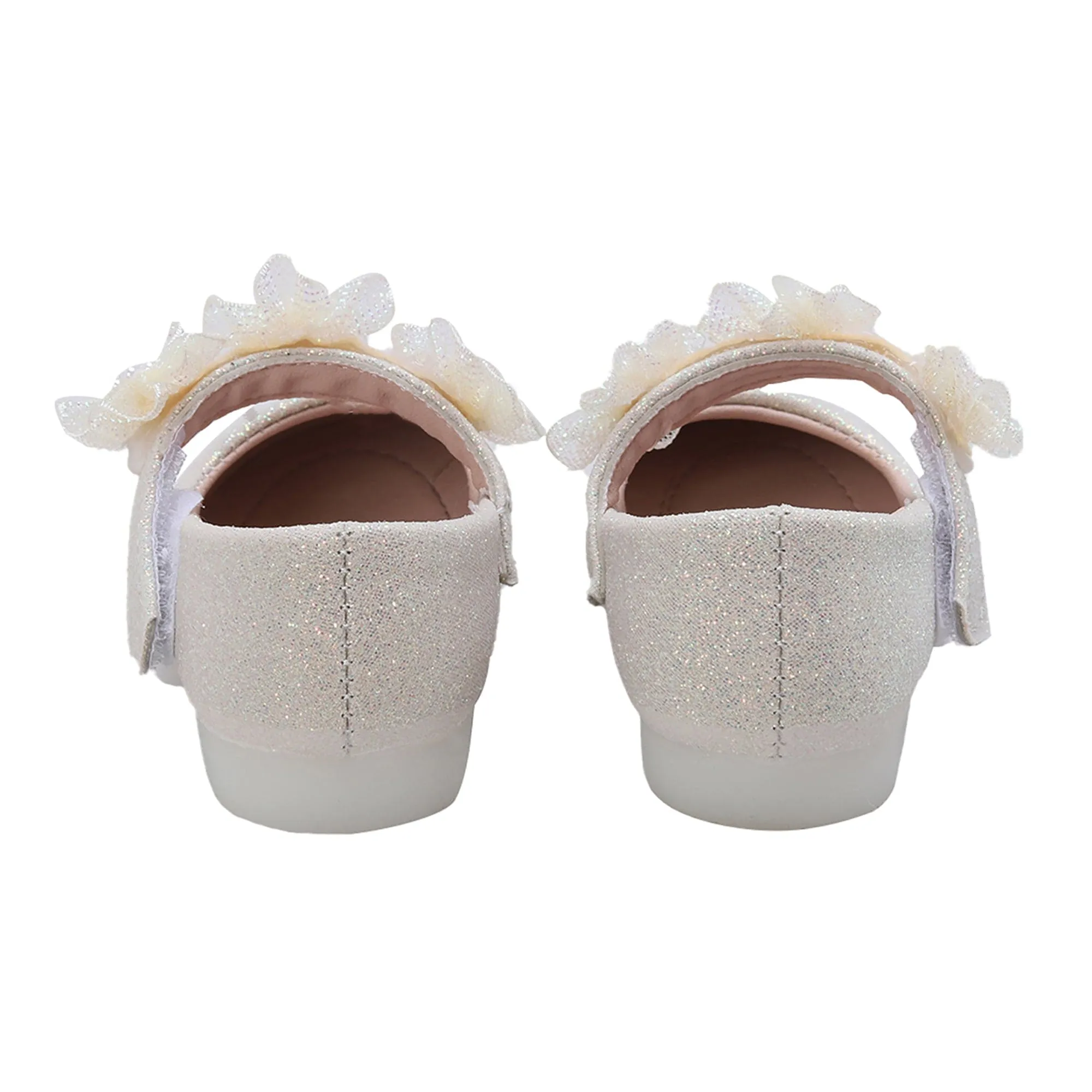 Baby Moo Mary Jane Glittery Floral Applique On Velcro Strap Anti-Skid Ballerina Shoes - Gold