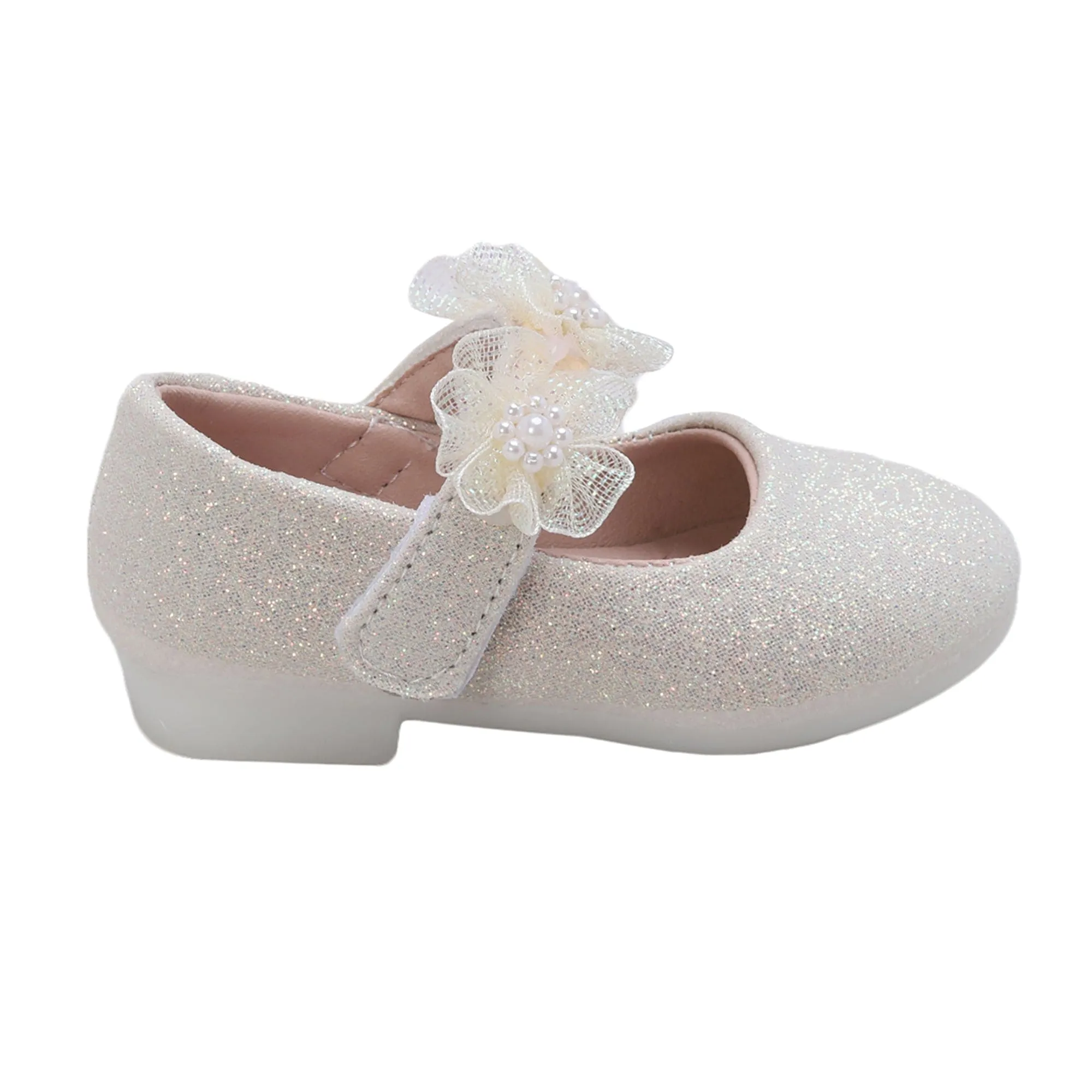 Baby Moo Mary Jane Glittery Floral Applique On Velcro Strap Anti-Skid Ballerina Shoes - Gold