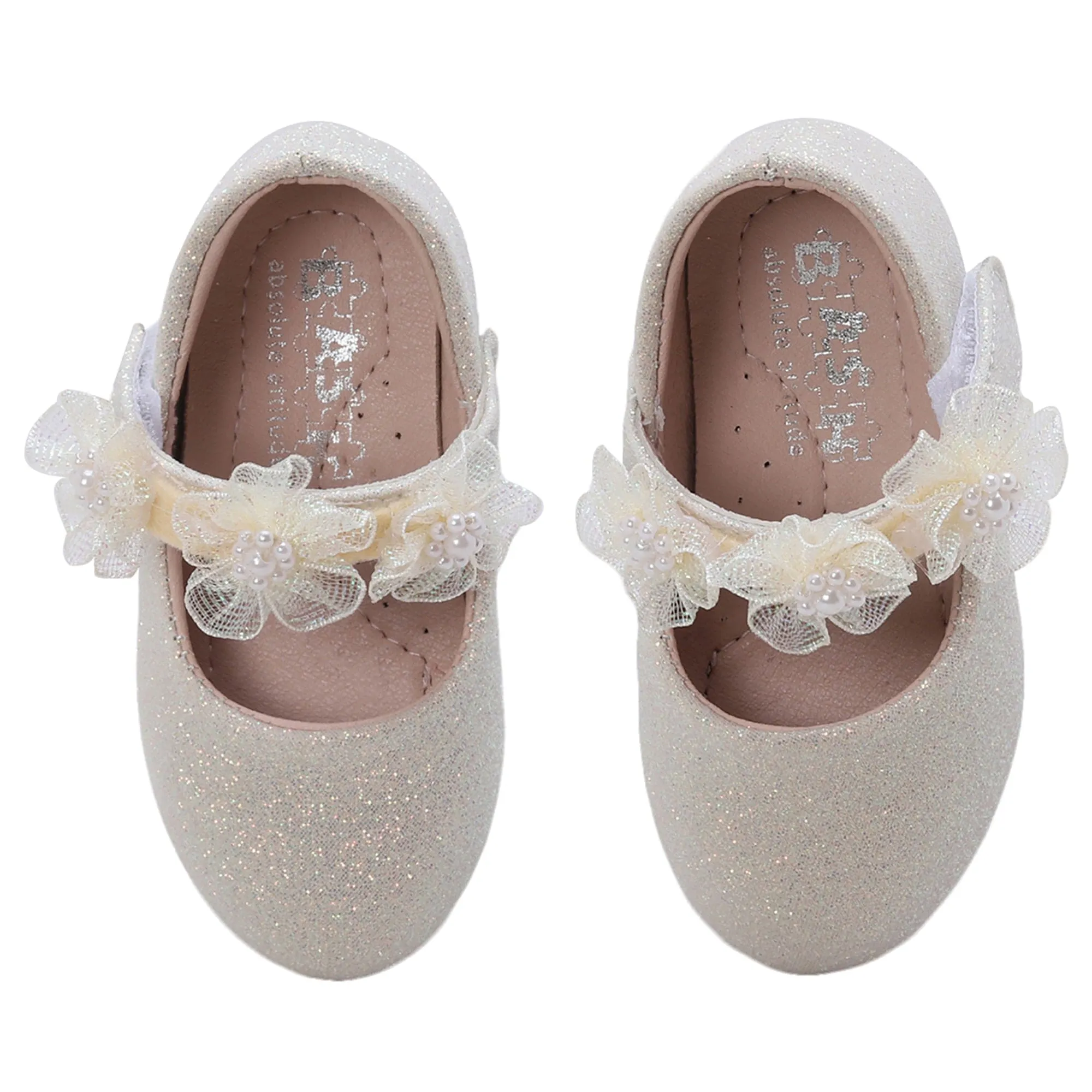 Baby Moo Mary Jane Glittery Floral Applique On Velcro Strap Anti-Skid Ballerina Shoes - Gold