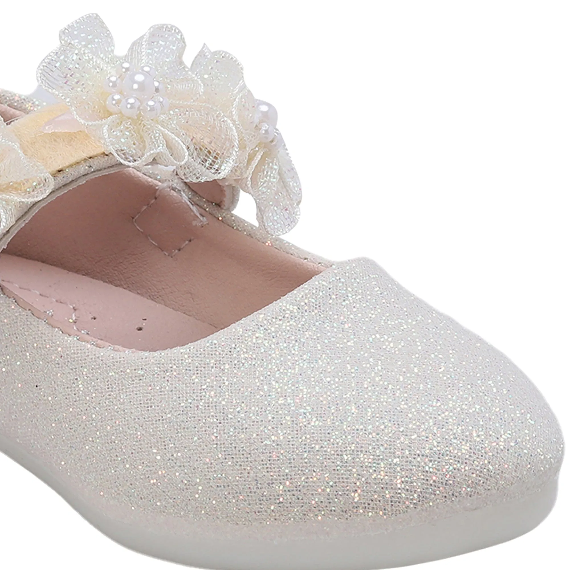 Baby Moo Mary Jane Glittery Floral Applique On Velcro Strap Anti-Skid Ballerina Shoes - Gold