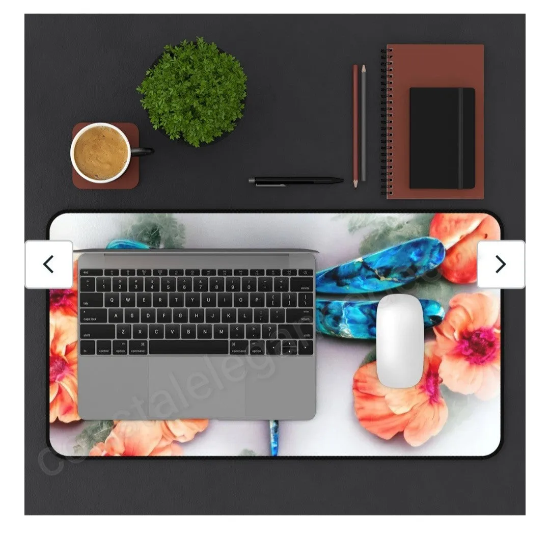 Beautiful Print Sublimation Handcrafted Dragonfly with Peach Flowers Desk Mat 2 Sizes