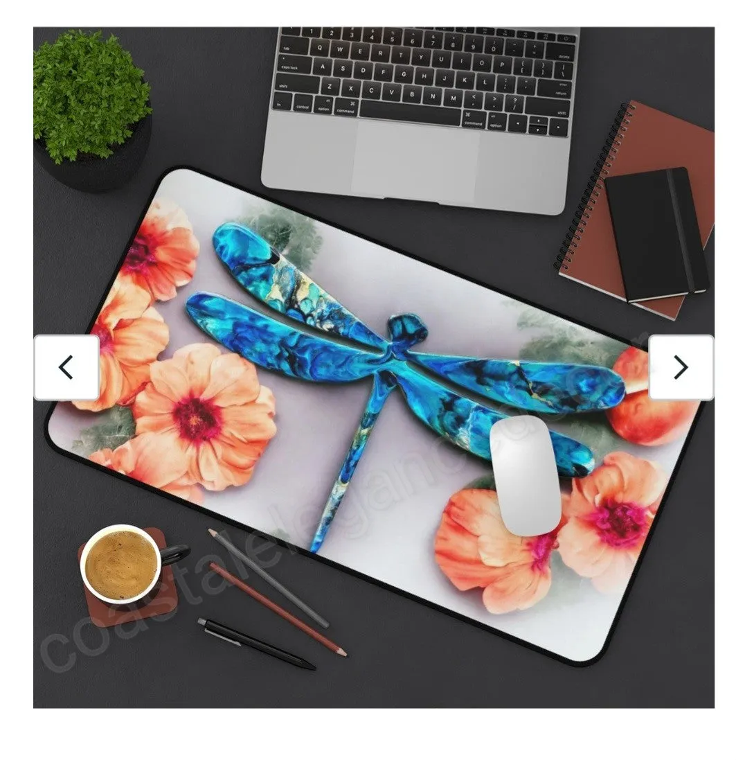 Beautiful Print Sublimation Handcrafted Dragonfly with Peach Flowers Desk Mat 2 Sizes