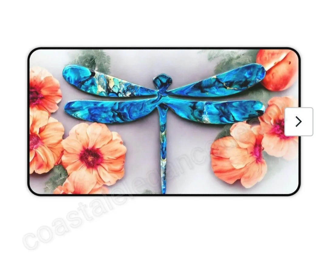 Beautiful Print Sublimation Handcrafted Dragonfly with Peach Flowers Desk Mat 2 Sizes