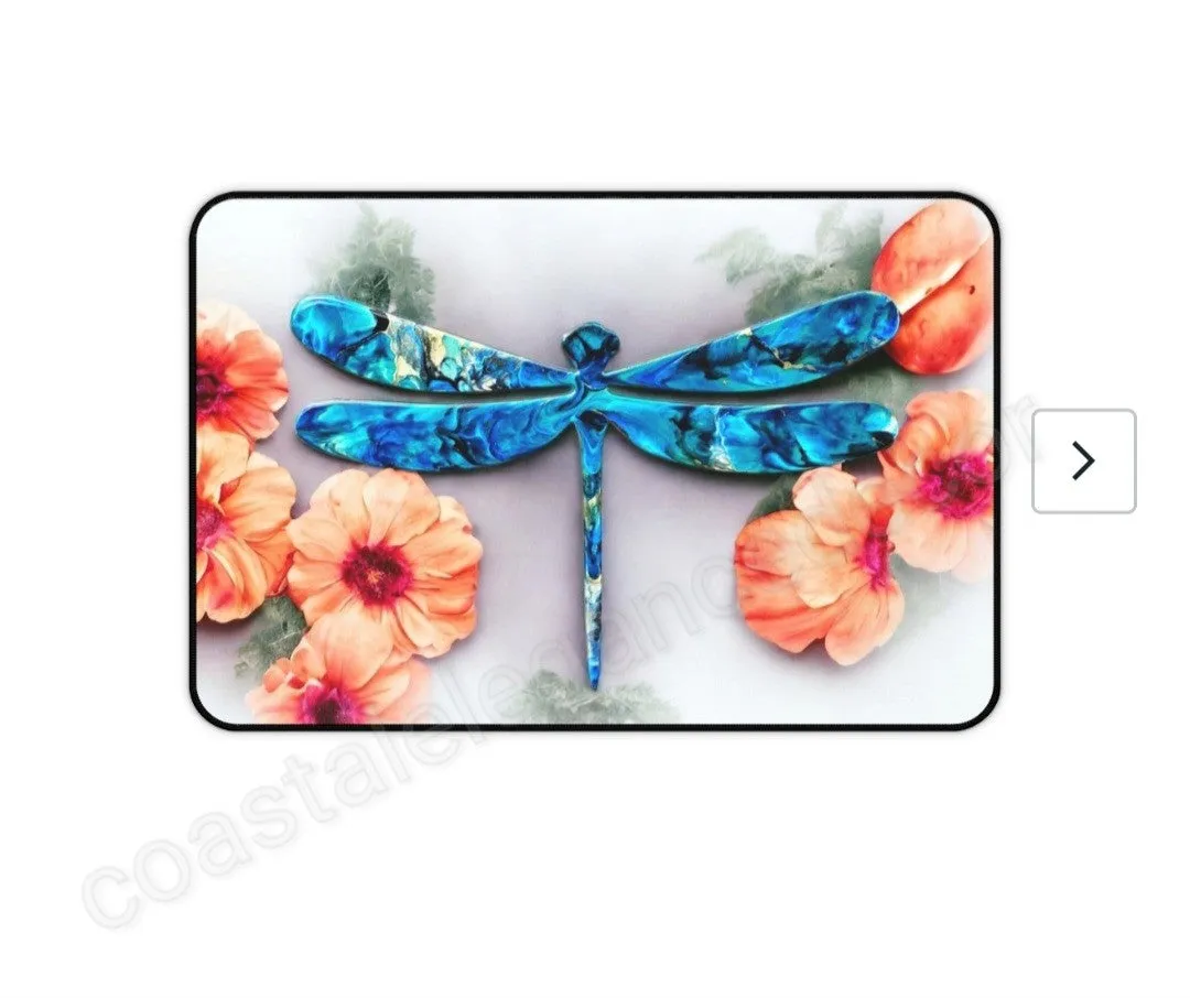 Beautiful Print Sublimation Handcrafted Dragonfly with Peach Flowers Desk Mat 2 Sizes