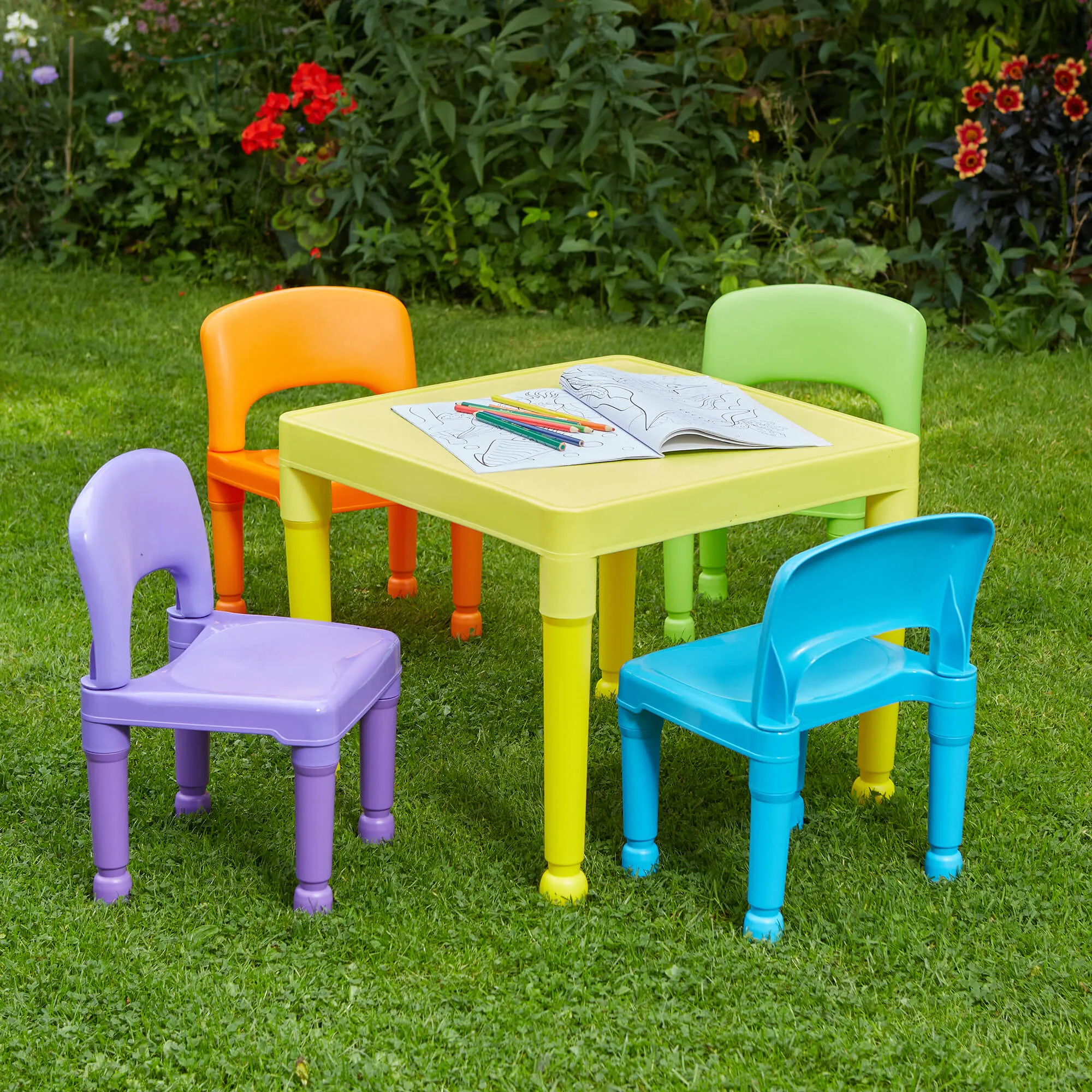 Children's Indoor & Outdoor Plastic Easy Clean Table & 4 Chairs Set | Multicoloured