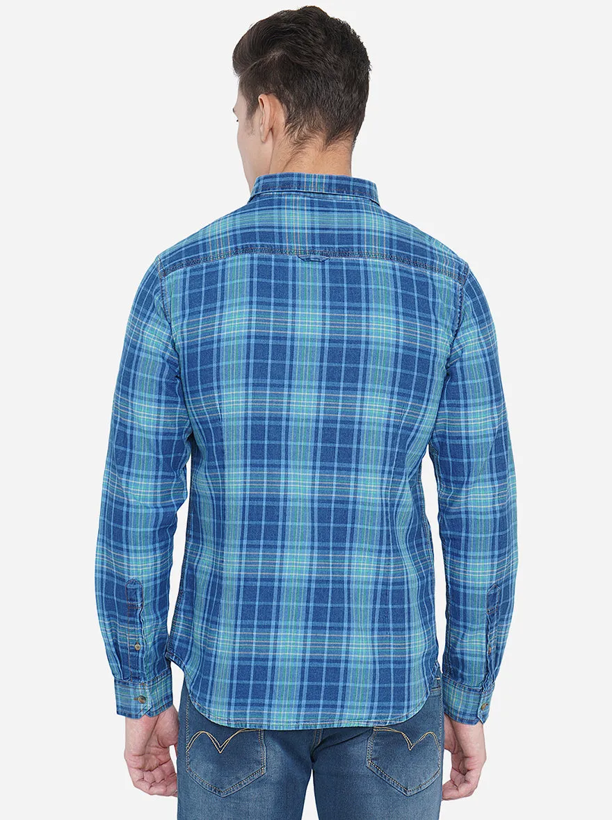 Dark Blue Checked Slim Fit Semi Casual Shirt | Greenfibre