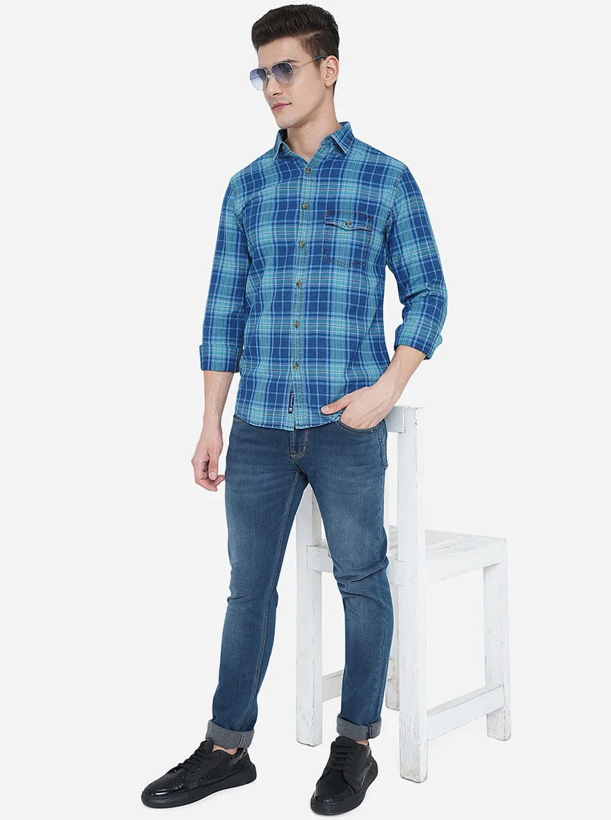 Dark Blue Checked Slim Fit Semi Casual Shirt | Greenfibre