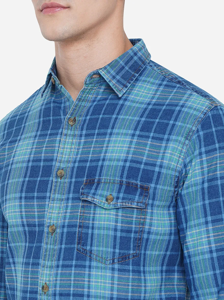 Dark Blue Checked Slim Fit Semi Casual Shirt | Greenfibre
