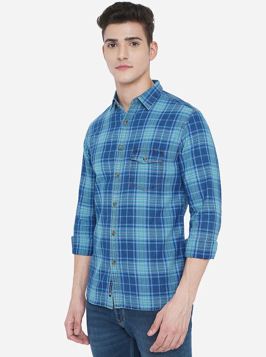 Dark Blue Checked Slim Fit Semi Casual Shirt | Greenfibre