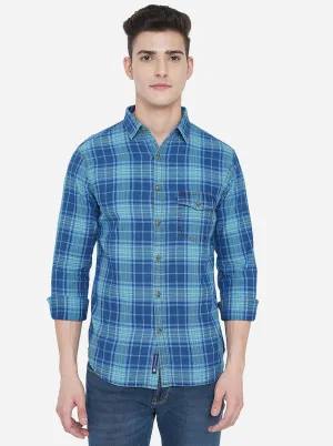 Dark Blue Checked Slim Fit Semi Casual Shirt | Greenfibre