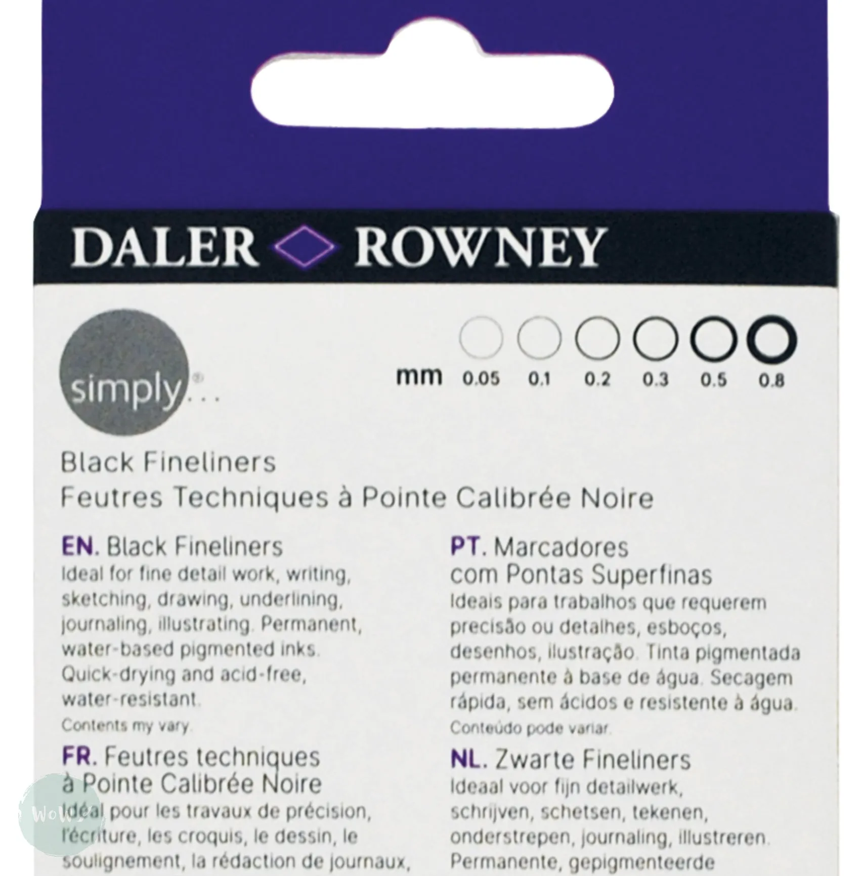 Fineliner Pigment Pen Set - Daler Rowney SIMPLY - 6 ASSORTED - BLACK 0.05, 0.1, 0.2, 0.3, 0.5, 0.8