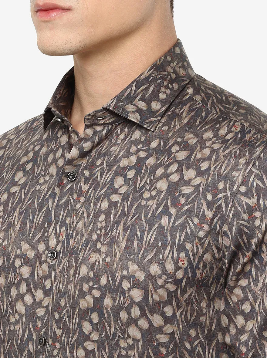 Grey Printed Slim Fit Party Wear Shirt | JB Studio