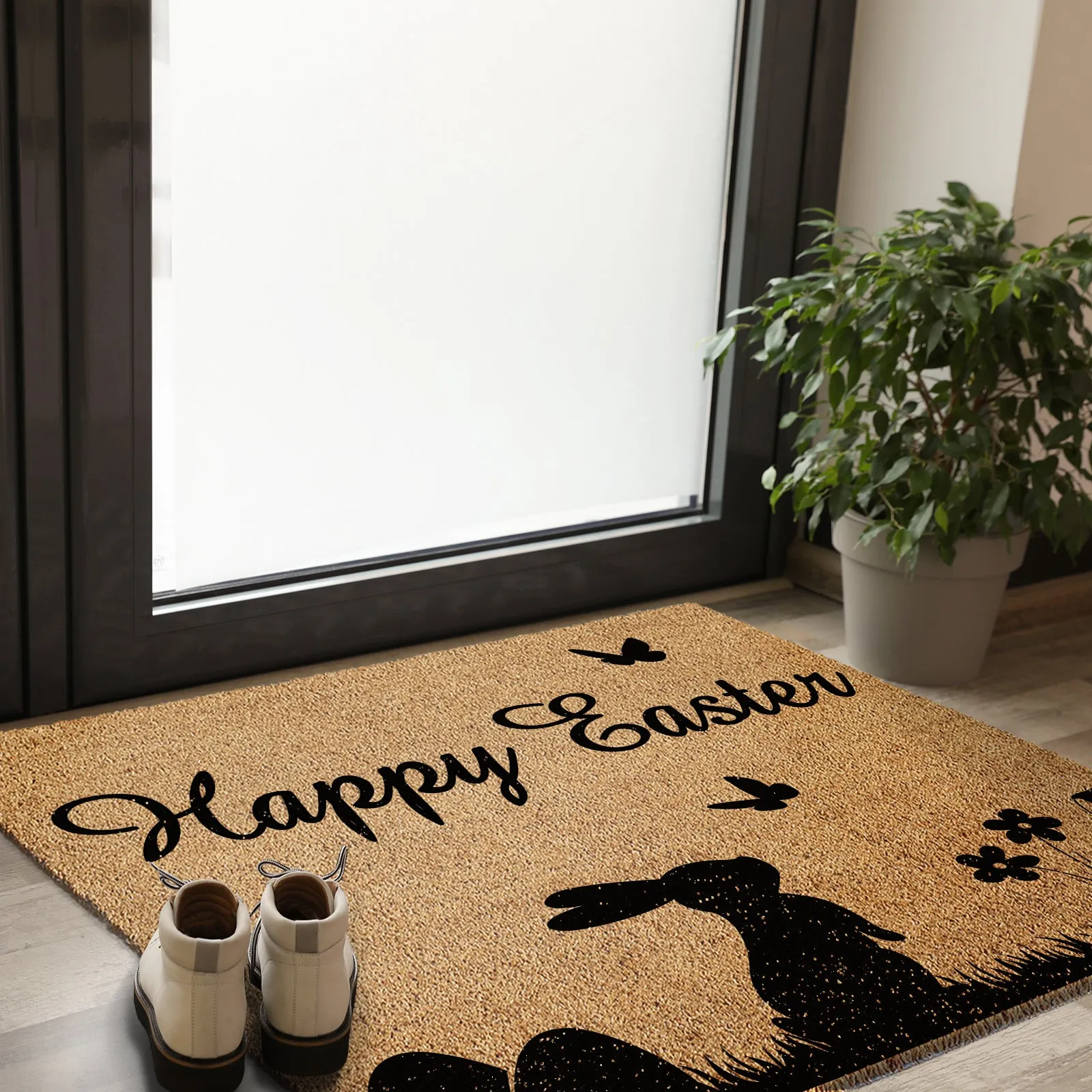 Happy Easter Doormat Rabbit and Butterflies