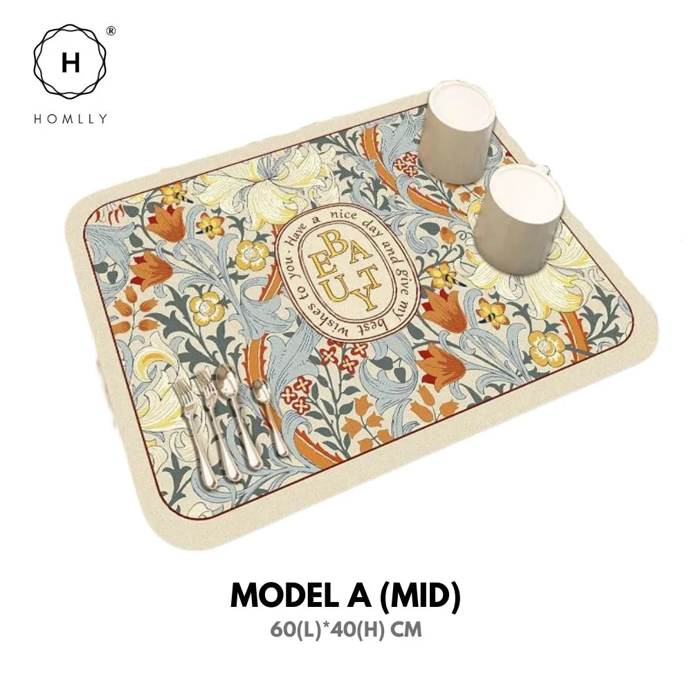 Homlly Floral Super Absorbent Anti Slip Dish Drying Mat for Kitchen Counter Placemat