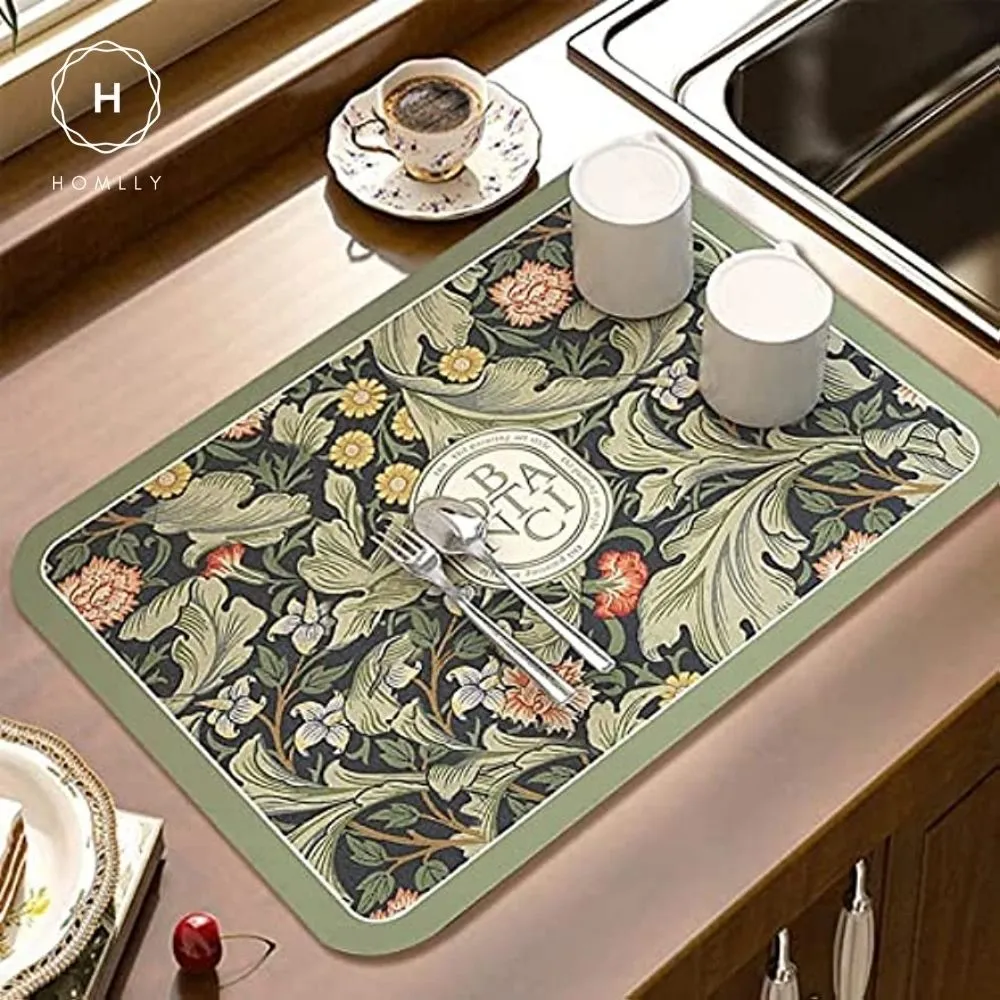 Homlly Floral Super Absorbent Anti Slip Dish Drying Mat for Kitchen Counter Placemat
