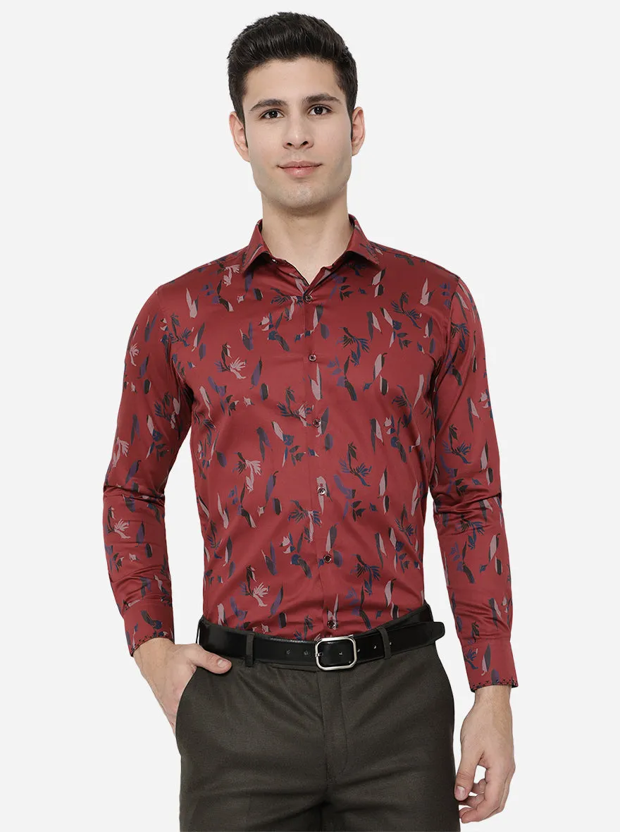 Maroon Printed Slim Fit Party Wear Shirt | JB Studio