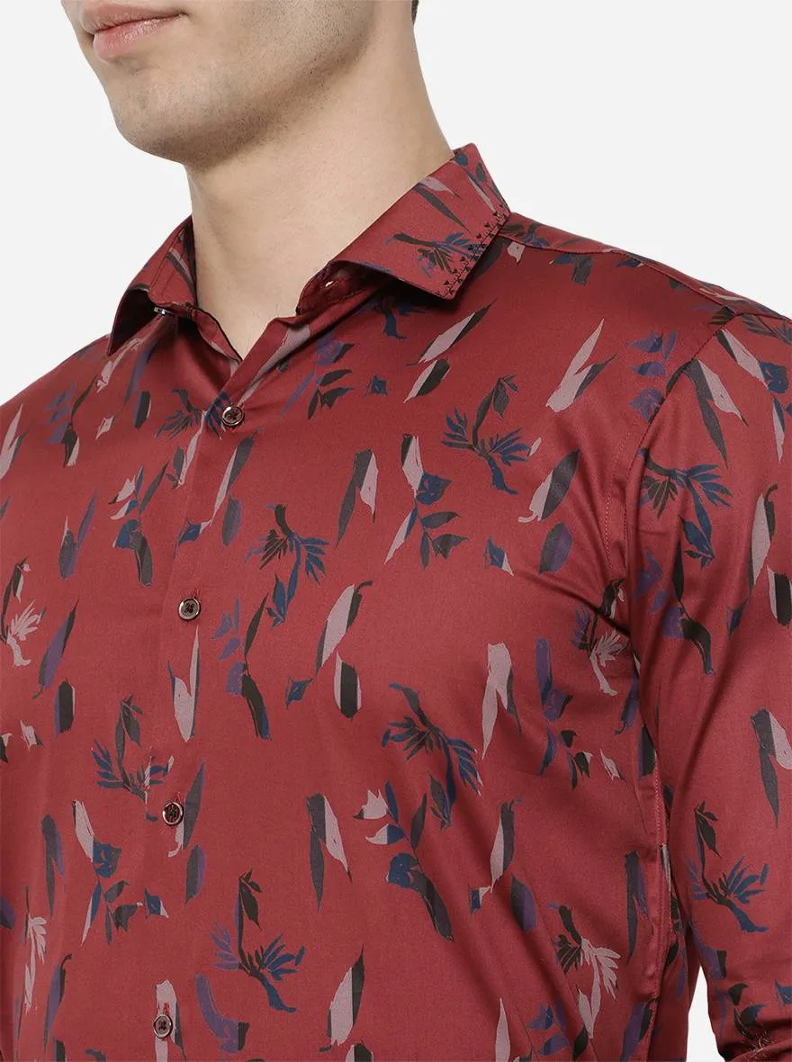 Maroon Printed Slim Fit Party Wear Shirt | JB Studio