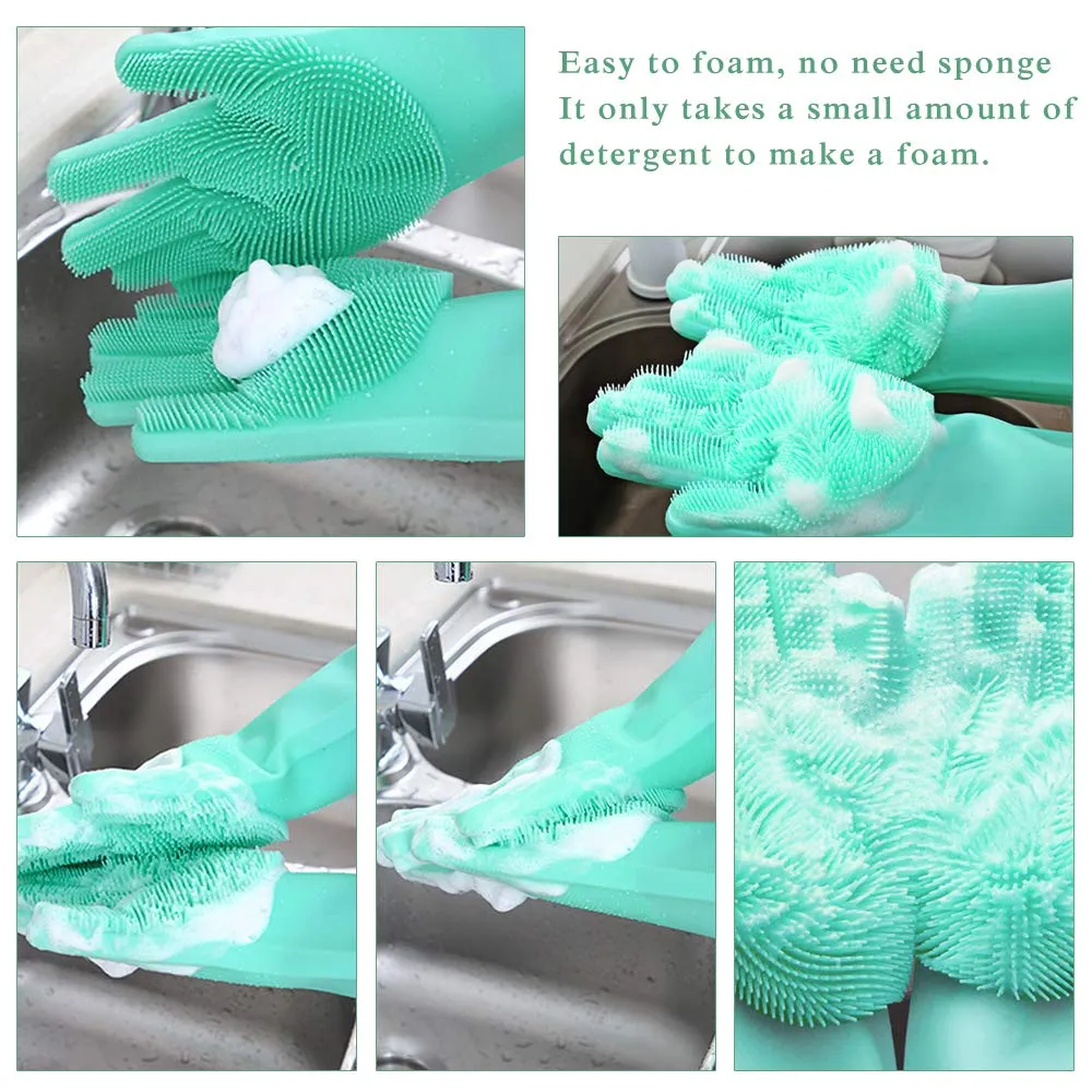 Multi Purpose Silicone Dishwashing Gloves with Bristles (Green)