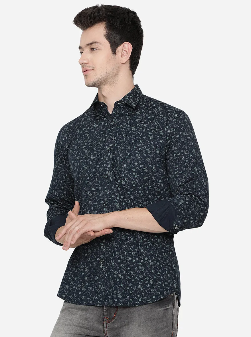 Navy Blue Printed Slim Fit Casual Shirt | Greenfibre