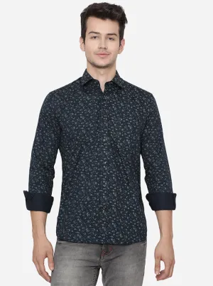 Navy Blue Printed Slim Fit Casual Shirt | Greenfibre
