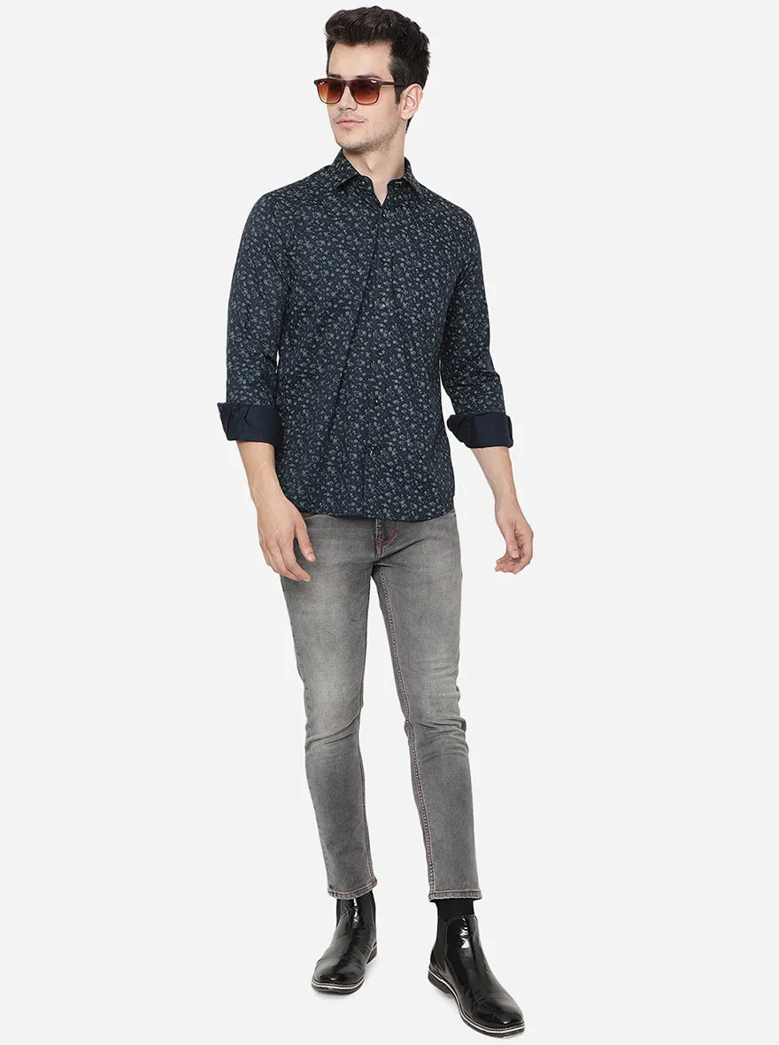 Navy Blue Printed Slim Fit Casual Shirt | Greenfibre