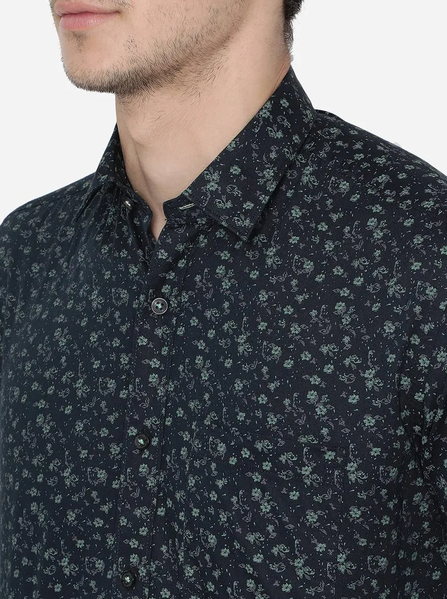 Navy Blue Printed Slim Fit Casual Shirt | Greenfibre