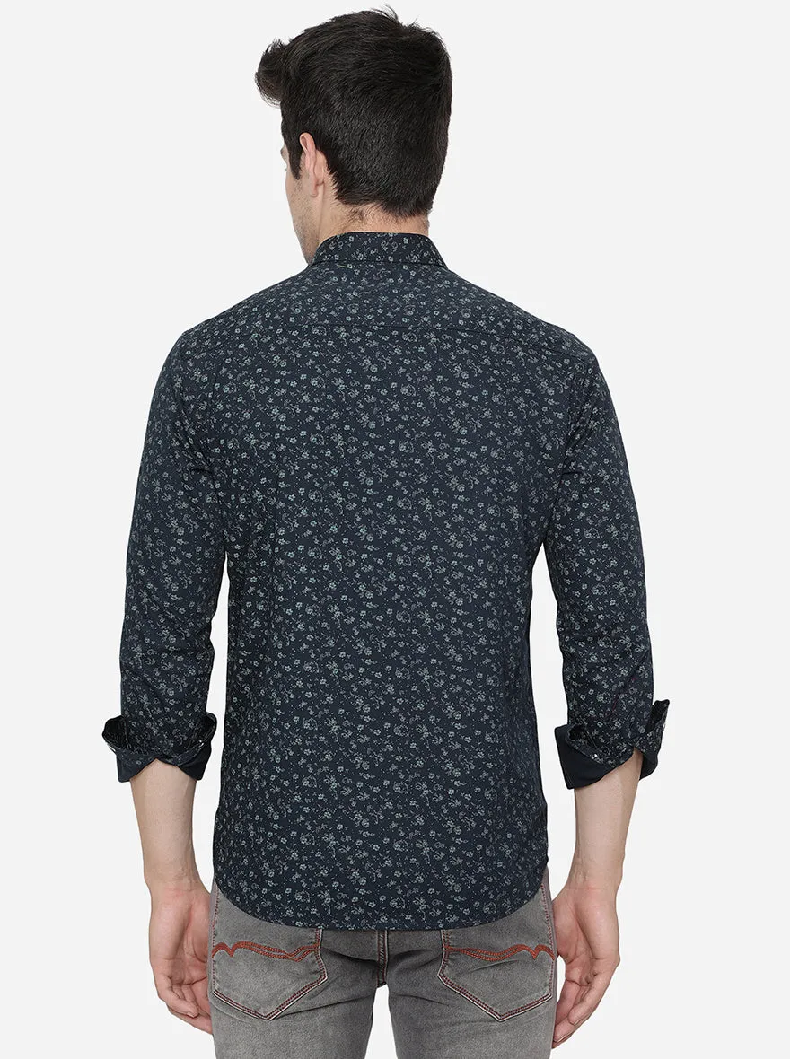 Navy Blue Printed Slim Fit Casual Shirt | Greenfibre