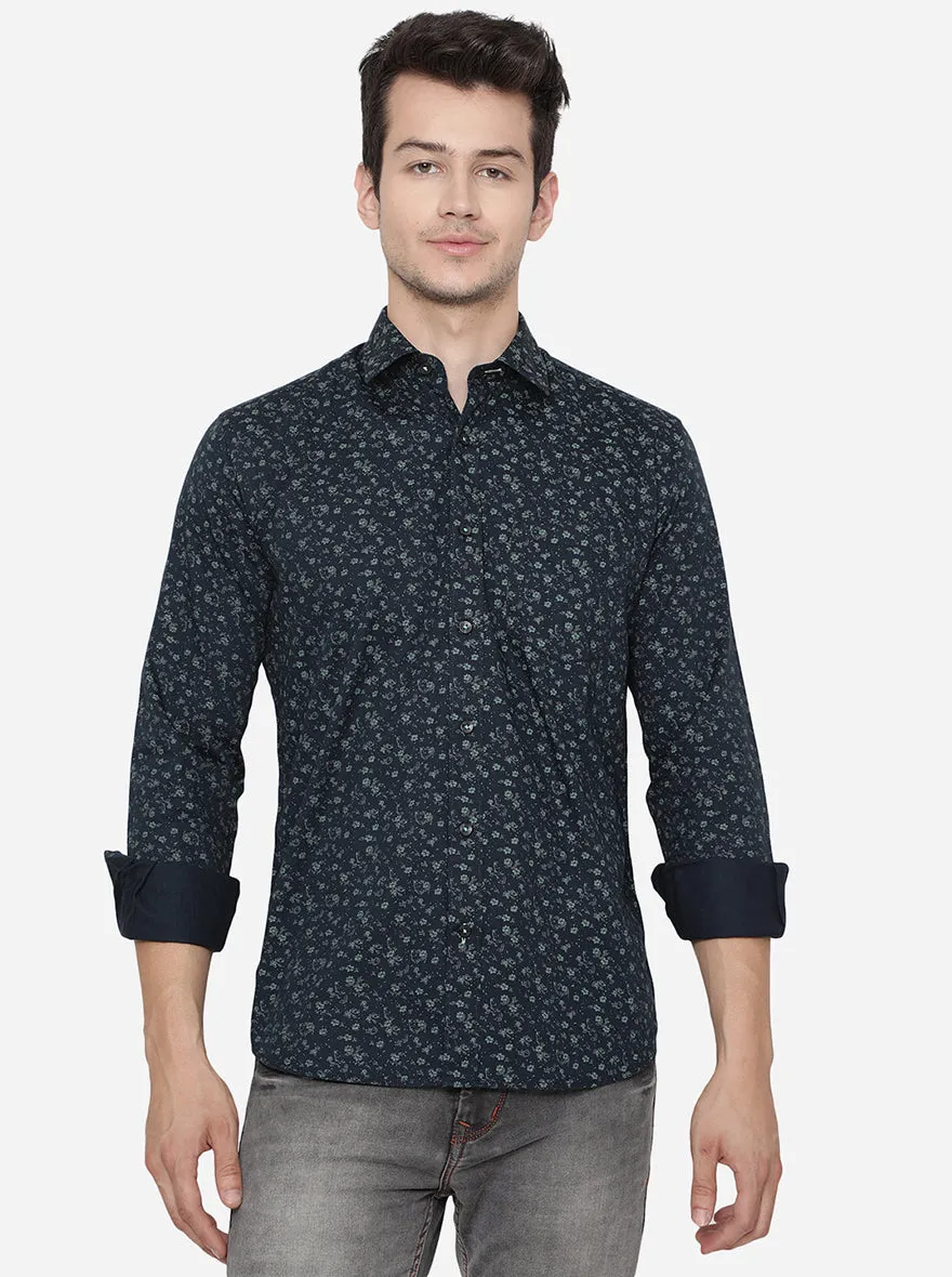 Navy Blue Printed Slim Fit Casual Shirt | Greenfibre