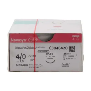 Novosyn Sutures, 19mm Needle, 70cm Length, Undyed, 4/0 Gauge (Pack of 36)