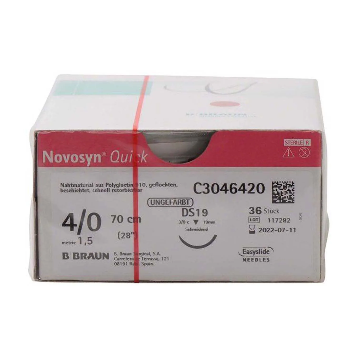Novosyn Sutures, 19mm Needle, 70cm Length, Undyed, 4/0 Gauge (Pack of 36)