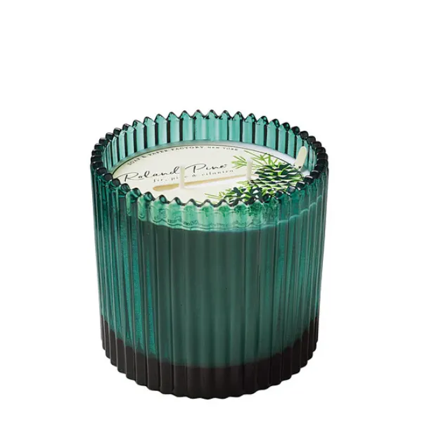 Roland Pine Two Wick Candle in Forest Green Ribbed Glass