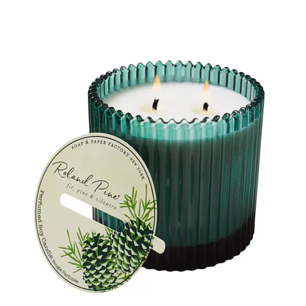 Roland Pine Two Wick Candle in Forest Green Ribbed Glass