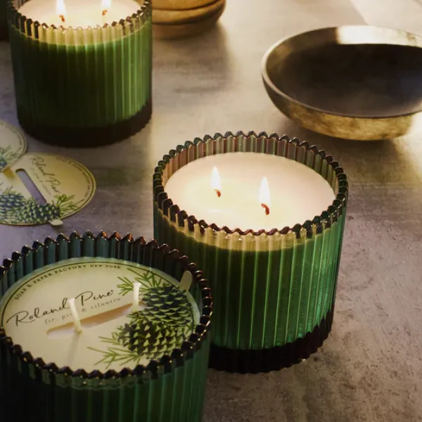 Roland Pine Two Wick Candle in Forest Green Ribbed Glass