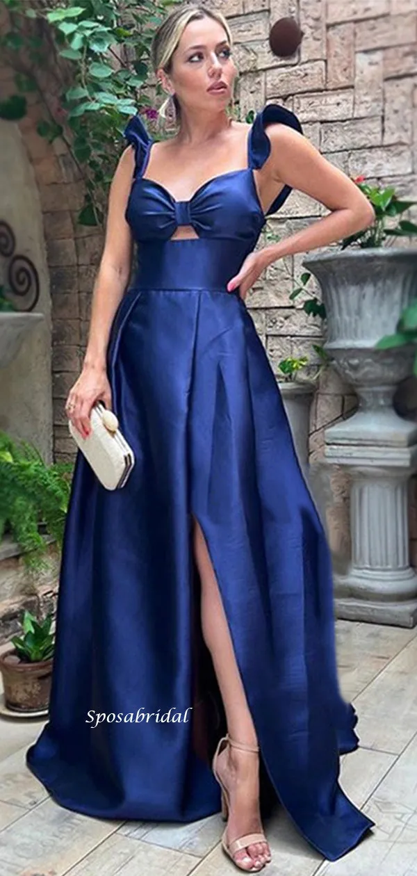 Sexy Navy Blue Bow Tie Neck Ruffle Straps A-line Side-slit Long Prom Dress, PD3497