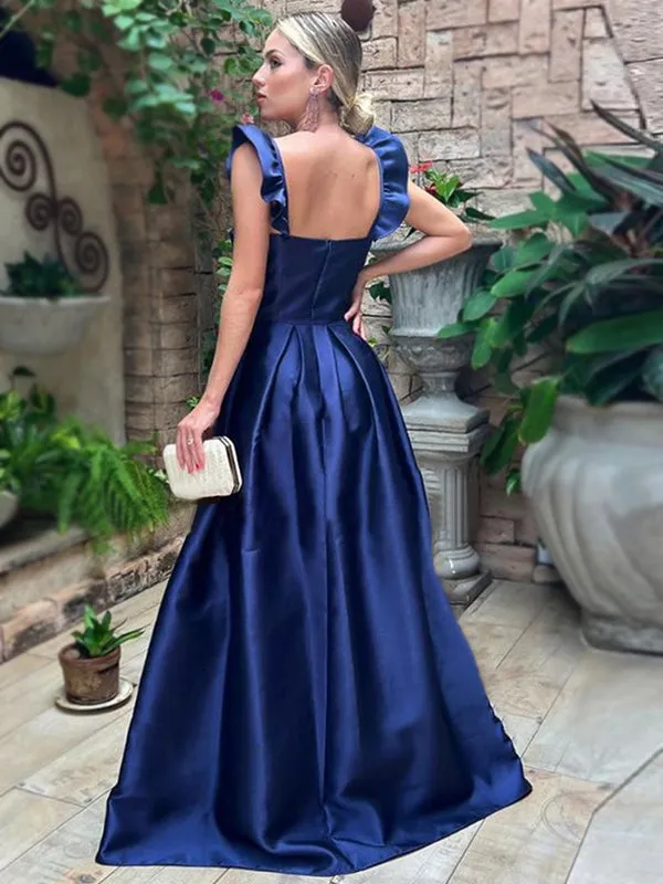 Sexy Navy Blue Bow Tie Neck Ruffle Straps A-line Side-slit Long Prom Dress, PD3497
