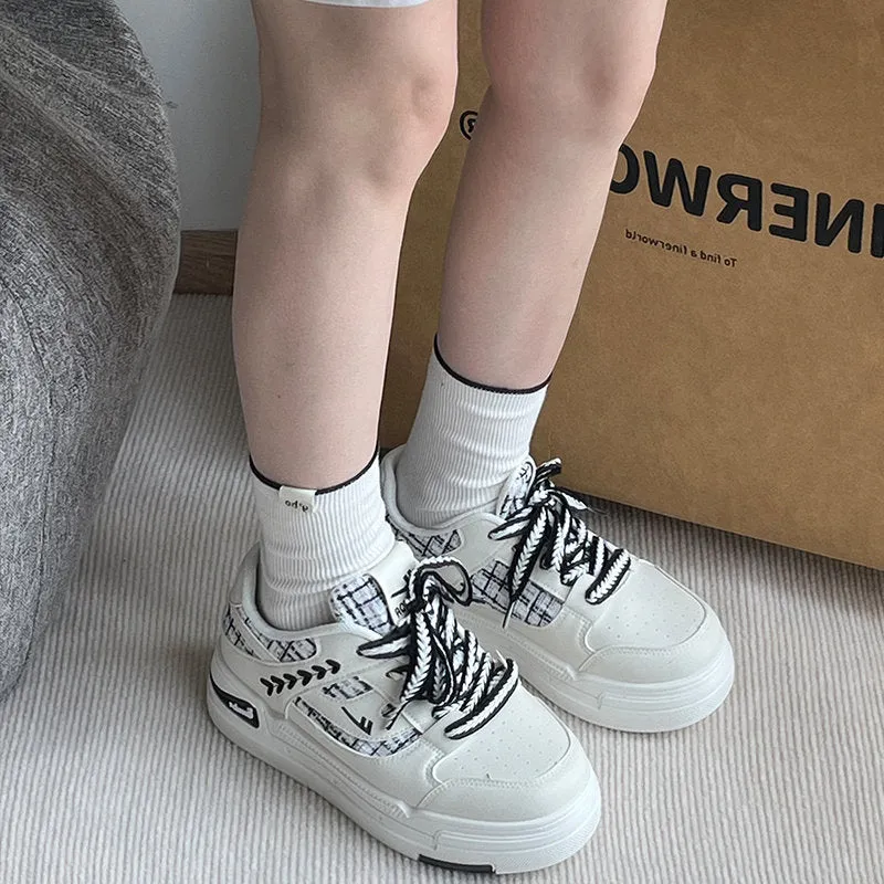 Stylish White Breathable Round Head Sneakers for Women, Athletic Running Shoes for Women, Flat Bottom Lace Up Sneakers, Round Toe Shoes