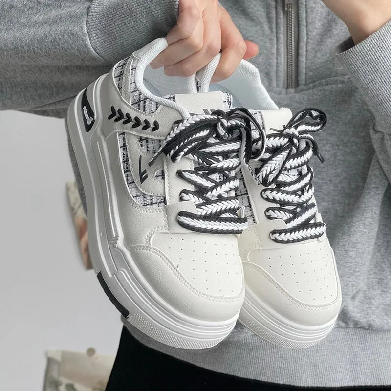 Stylish White Breathable Round Head Sneakers for Women, Athletic Running Shoes for Women, Flat Bottom Lace Up Sneakers, Round Toe Shoes