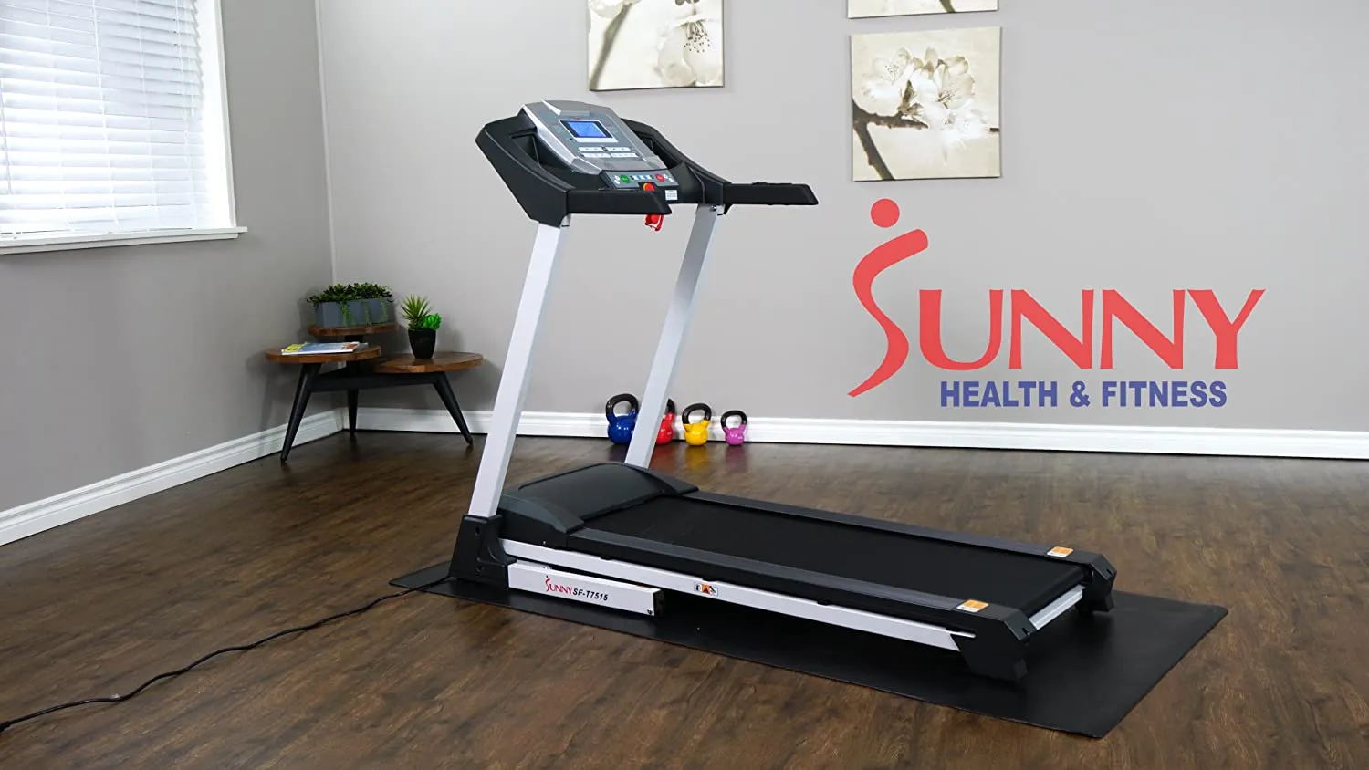 Sunny Health & Fitness SF-T7515 Smart Treadmill with Auto Incline, Speakers, Bluetooth, LCD and Pulse Monitor, Phone Function, 240 LB Max Weight , grey
