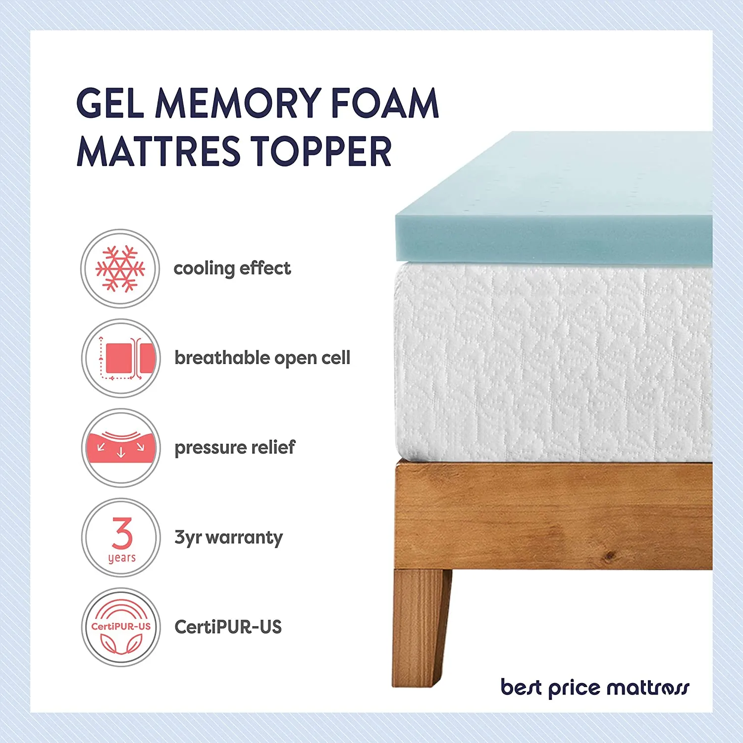 Twin 1.5 Inch Gel Memory Foam Bed Topper with Cooling Mattress Pad, Blue