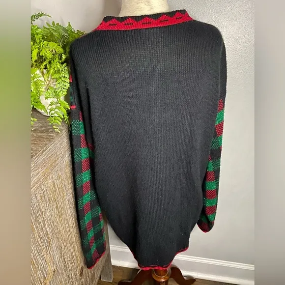 Vintage 80s 90s Holiday Time Teddy Bear Plaid Ugly Christmas Sweater