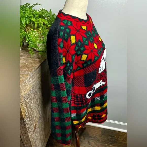 Vintage 80s 90s Holiday Time Teddy Bear Plaid Ugly Christmas Sweater